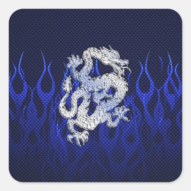 Sticker Carré Dragon Bleu dans Chrome Styles de fibre de carbone (Devant)