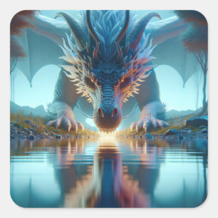 Sticker Carré Dragon Bleu Mystique Reflection dans l'eau
