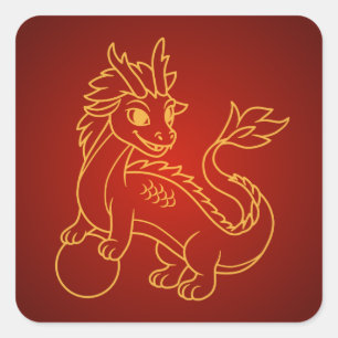Sticker Carré Dragon Chinois sur Fond Rouge
