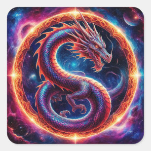 Sticker Carré Dragon Cosmique Ardente Entouré d'un Anneau Célest