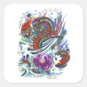 Sticker Carré Dragon d'eau oriental frais Lotus