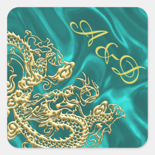 Sticker Carré Dragon d'or incorporé sur impression en satin Turq