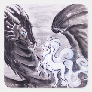 Sticker Carré Dragon et Unicorne // Carte de vacances de la cour