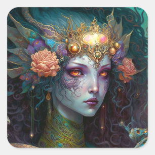 Sticker Carré Dragon Goddess Queen Imaginaire Art