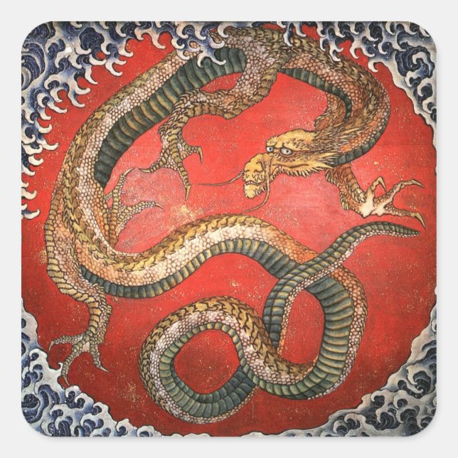 Sticker Carré Dragon, Hokusai Art japonais (Devant)