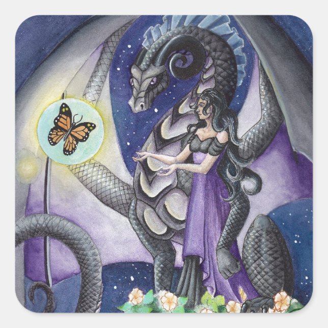 Sticker Carré Dragon noir avec art de dragon papillon (Devant)