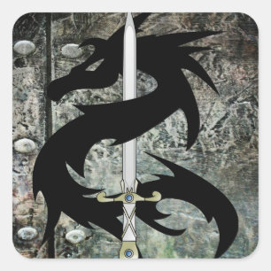 Sticker Carré Dragon noir et épée