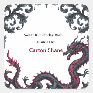 Sticker Carré Dragon noir fantaisiste en damassé rouge pour une
