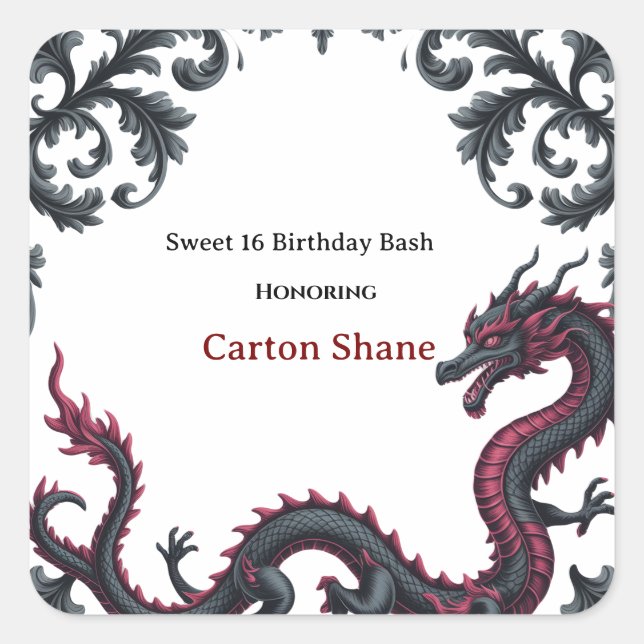 Sticker Carré Dragon noir fantaisiste en damassé rouge pour une  (Devant)