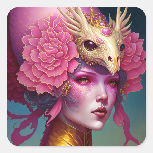 Sticker Carré Dragon rose Crâne Femme Imaginaire Art (Devant)