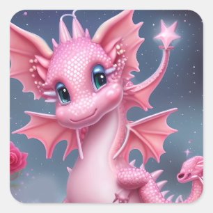 Sticker Carré Dragon rose mignon aux fleurs roses