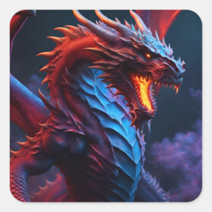 Sticker Carré Dragon rouge et bleu