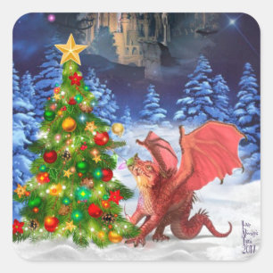 Sticker Carré Dragon tirant sur l'arbre de Noël