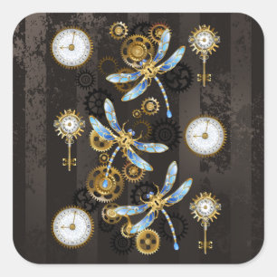 Sticker Carré Dragonflies de Steampunk sur arrière - plan rayé b
