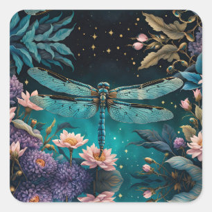 Sticker Carré Dragonfly dans un jardin fleuri la nuit