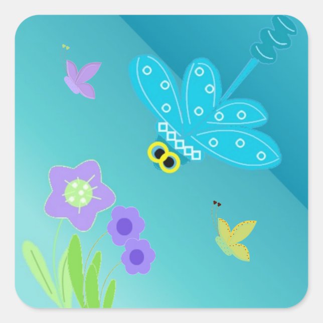 Sticker Carré Dragonfly de dessin animé avec fleurs (Devant)