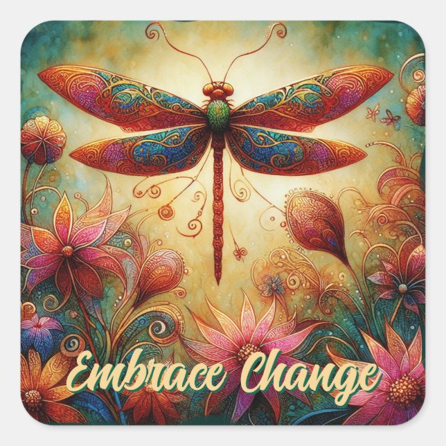 Sticker Carré Dragonfly lunaire Floral Art Abstrait Turquoise ro (Devant)