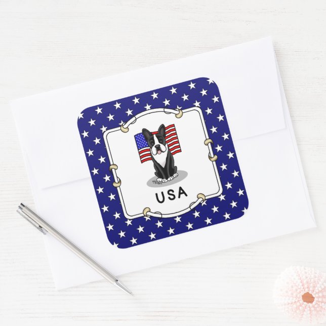 Sticker Carré Drapeau américain mignon Boston Terrier Dog (noir) (Enveloppe)