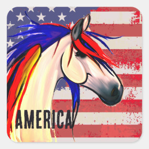 Sticker Carré Drapeau américain patriotique Cheval rouge blanc e