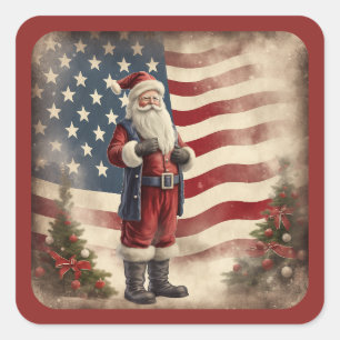 Sticker Carré Drapeau américain patriotique vintage et Père Noël