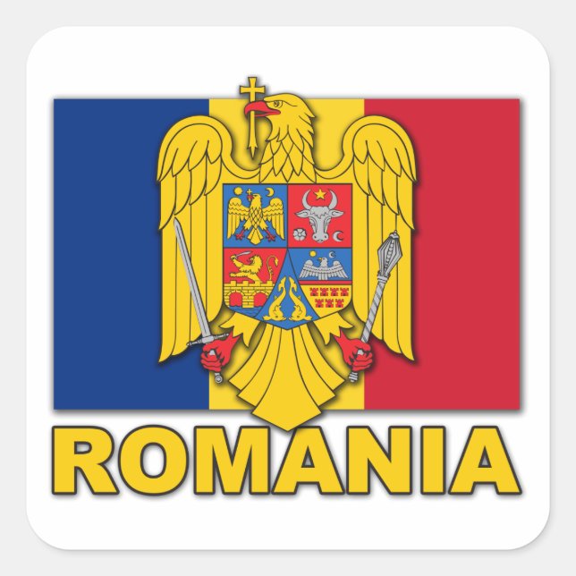 Sticker Carré Drapeau d'armoiries de Roumanie (Devant)