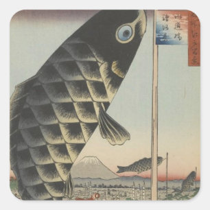 Sticker Carré Drapeau de fête du poisson Koi Hiroshige japonais