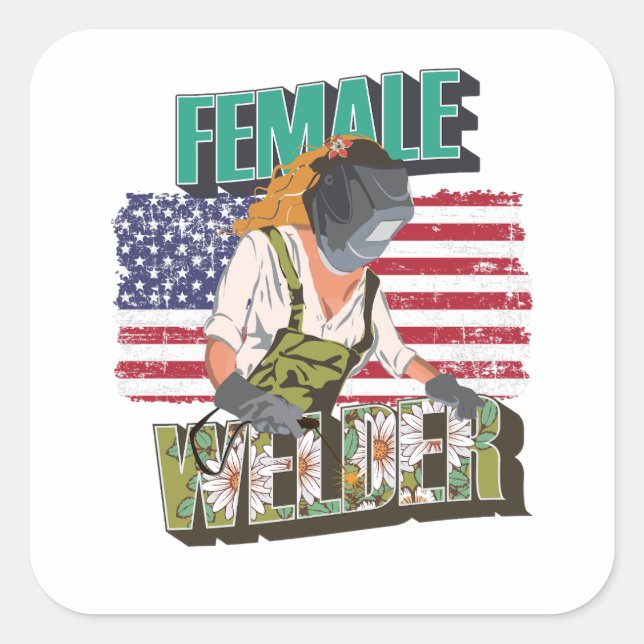 Sticker Carré Drapeau de soudeur féminin USA cadeau pour soudeur (Devant)