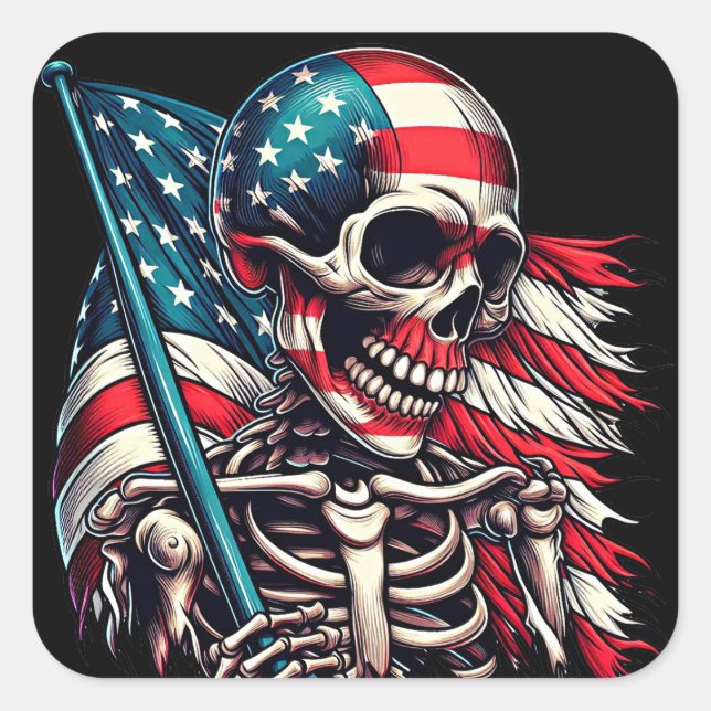 Sticker Carré Drapeau patriotique de squelette Homme tattered Am (Devant)