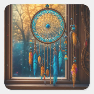 Sticker Carré Dreamcatcher bleu et orange dans la fenêtre