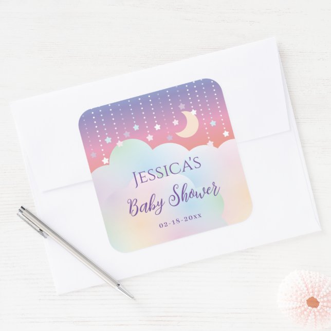 Sticker Carré Dreamy Moon et Stars Baby shower neutre (Enveloppe)