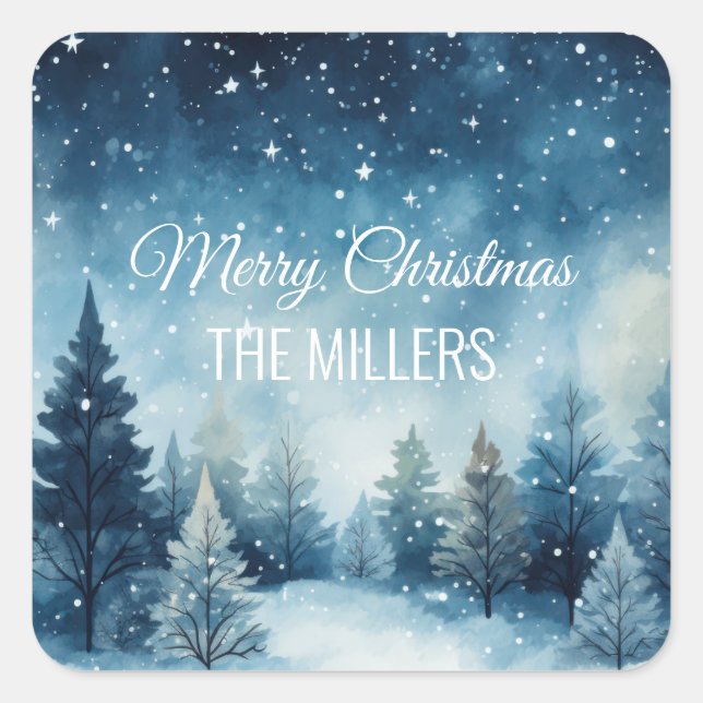 Sticker Carré Dreamy neige aquarelle paysage hiver (Devant)