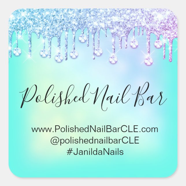 Sticker Carré Drips de diamant bleu holographique en mintue rose (Devant)