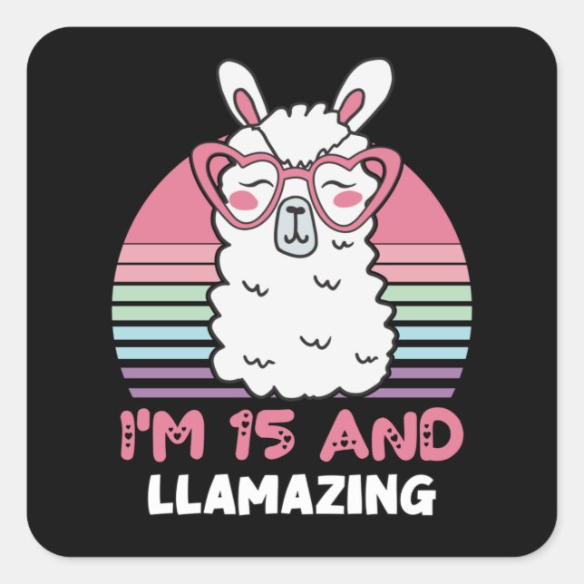 Sticker Carré Drôle Adorable Llama 15e Anniversaire Cadeau Pour  (Devant)