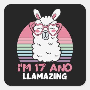 Sticker Carré Drôle Adorable Llama 17e Anniversaire Cadeau Pour