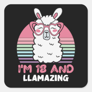 Sticker Carré Drôle Adorable Llama 18e Anniversaire Cadeau Pour
