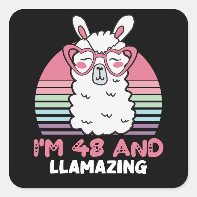 Sticker Carré Drôle Adorable Llama 48e Anniversaire Cadeau Pour  (Devant)