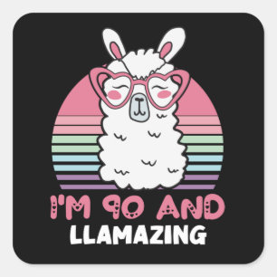 Sticker Carré Drôle Adorable Llama 90e Anniversaire Cadeau Pour