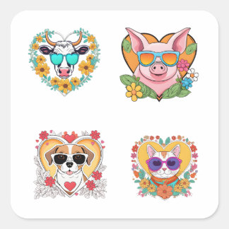 Sticker Carré Drôle Animaux domestiques Cartoon Art 4 Pack Stick