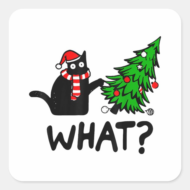 Sticker Carré Drôle cadeau de chat noir Poussant l'arbre de Noël (Devant)