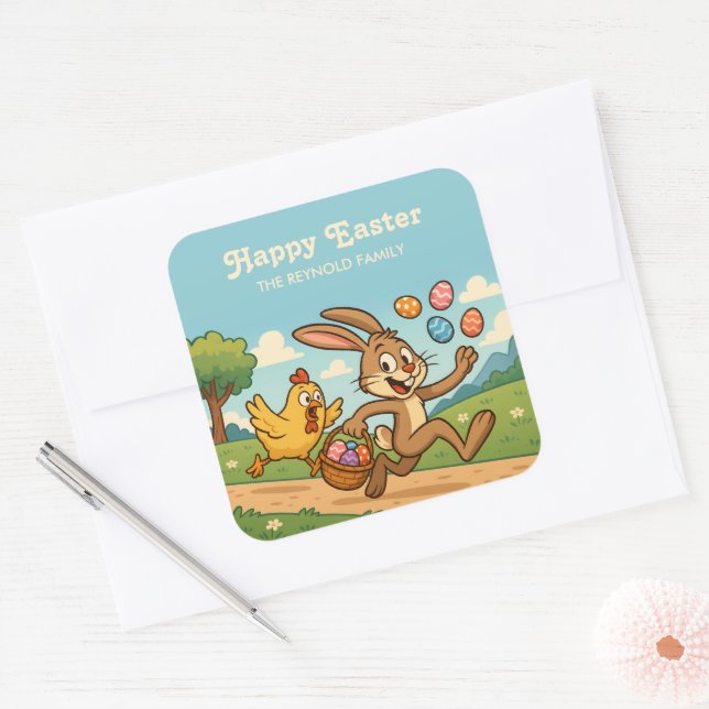 Sticker Carré Drôle Cartoon de Pâques | Le lapin vole les oeufs  (Enveloppe)