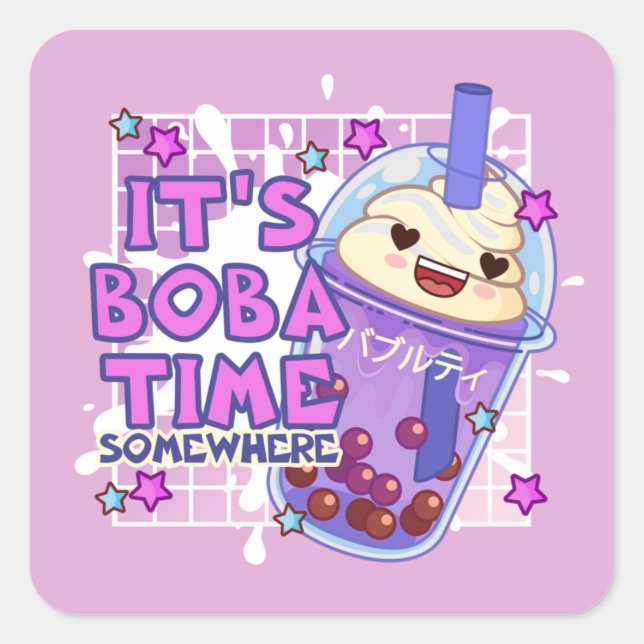 Sticker Carré Drôle 'C'est Boba Time Somewhere' (Devant)