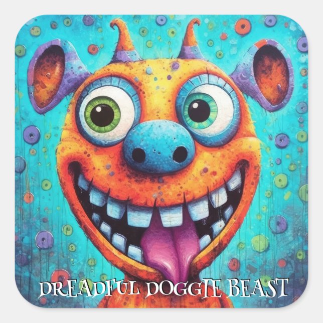 Sticker Carré Drôle Chien Monstre : Dreadful Doggie Beast (Devant)