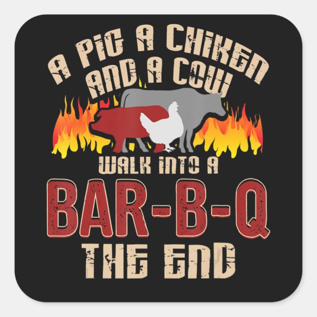 Sticker Carré Drôle Cochon Poulet Barre de Vache B Q Barbecue Ch (Devant)