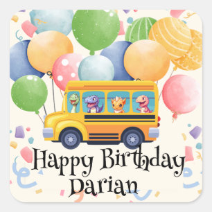 Sticker Carré Drôle dinosaure Retour À L'École Balloon Bus Anniv
