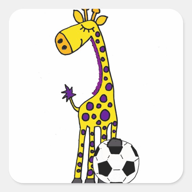 Sticker Carré Drôle Giraffe Jouer Soccer dessin animé (Devant)