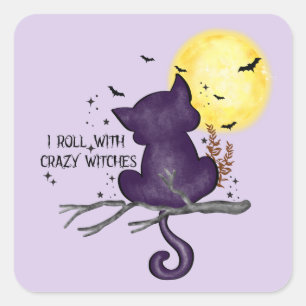 Sticker Carré Drôle Halloween Chat noir et Lune magique