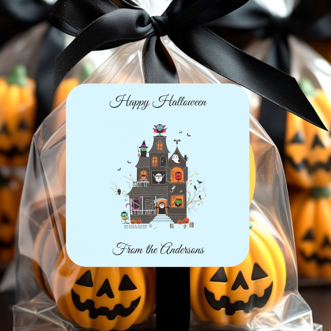 Sticker Carré Drôle Happy Halloween Haunted House People (Créateur téléchargé)