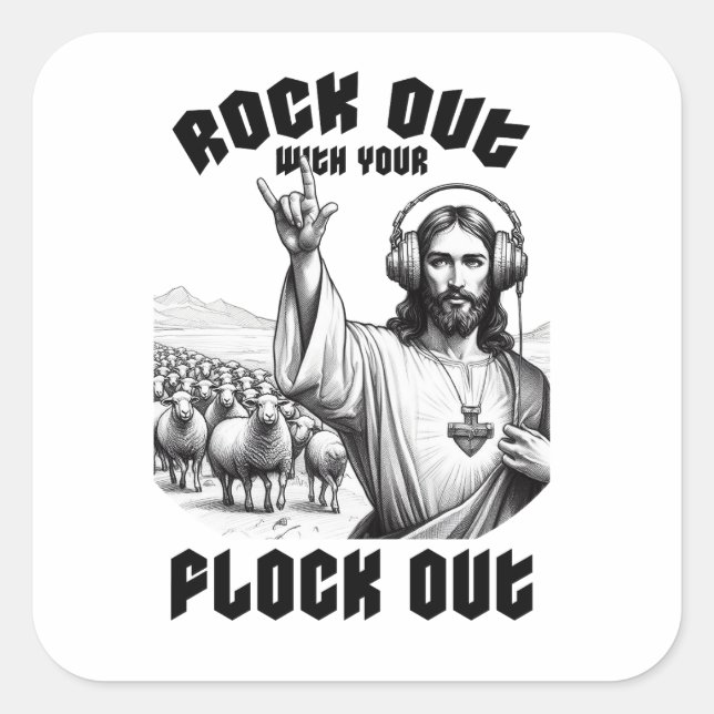 Sticker Carré Drôle Jesus Rock Out avec votre troupeau (Devant)