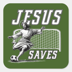 Sticker Carré Drôle Jésus Sauvons et Scores Objectifs de Footbal