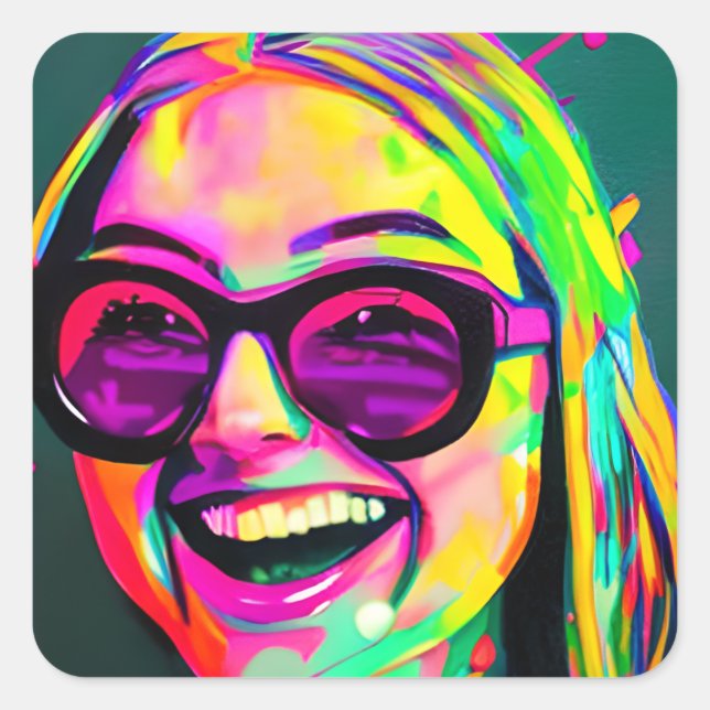 Sticker Carré Drôle Lady Laughing dans Lunettes de soleil Art mo (Devant)